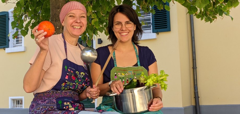 Werbung für Einheitssuppe mit Suppenkelle und Suppentopf