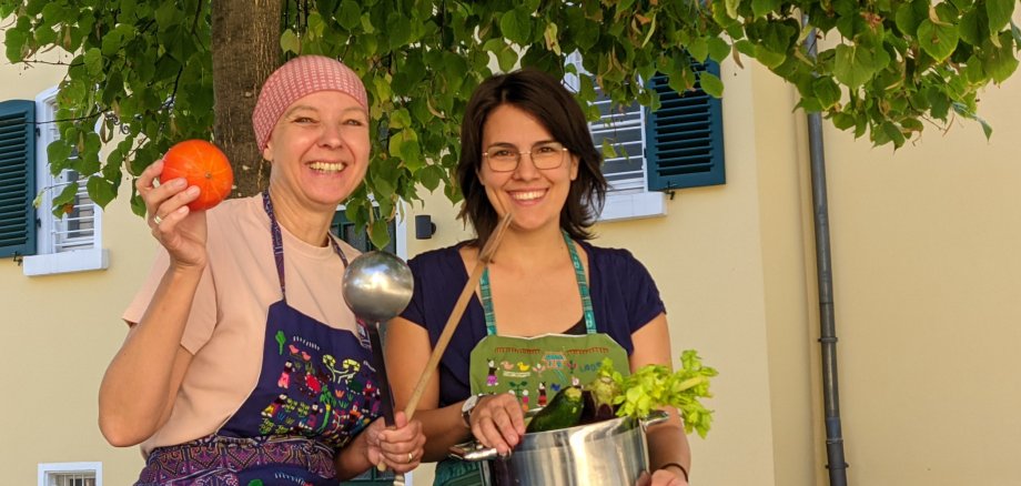 Werbung für Einheitssuppe mit Suppenkelle und Suppentopf