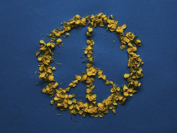 Friedenszeichen Ukraine Aus Blättern und Blüten geformtes Peace-Zeichen